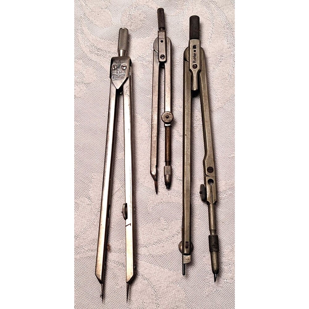 Vintage Macro Richter Drafting Compass Dividers Lot Of 3 Steel Silver Germany